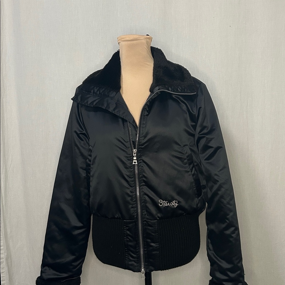 Y2K Star City Faux Fur Bomber Jacket - Black | Size L